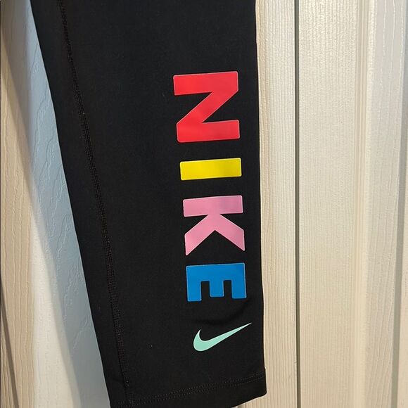 NIKE Dri-Fit Large Black Rainbow Cropped Leggings Compression Stretch Athletic - Picture 2 of 7